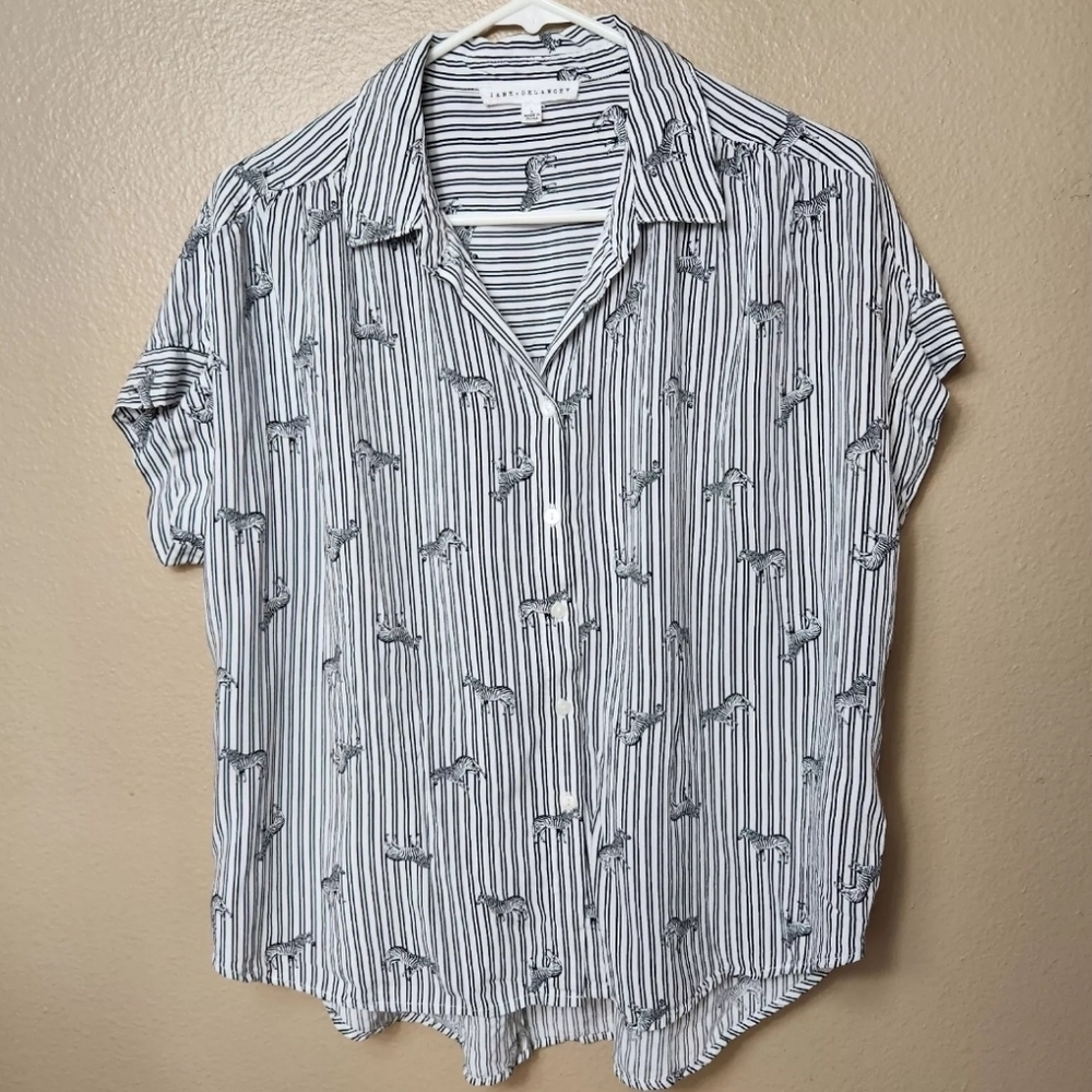 Jane + Delancey Womens Black/White Striped Zebra Print Short Sleeve Shirt-Size L